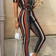 WW | Lässiger Druck Patchwork Umgeschlagener Kragen Reguläre Jumpsuits