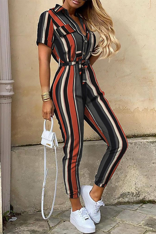 WW | Lässiger Druck Patchwork Umgeschlagener Kragen Reguläre Jumpsuits
