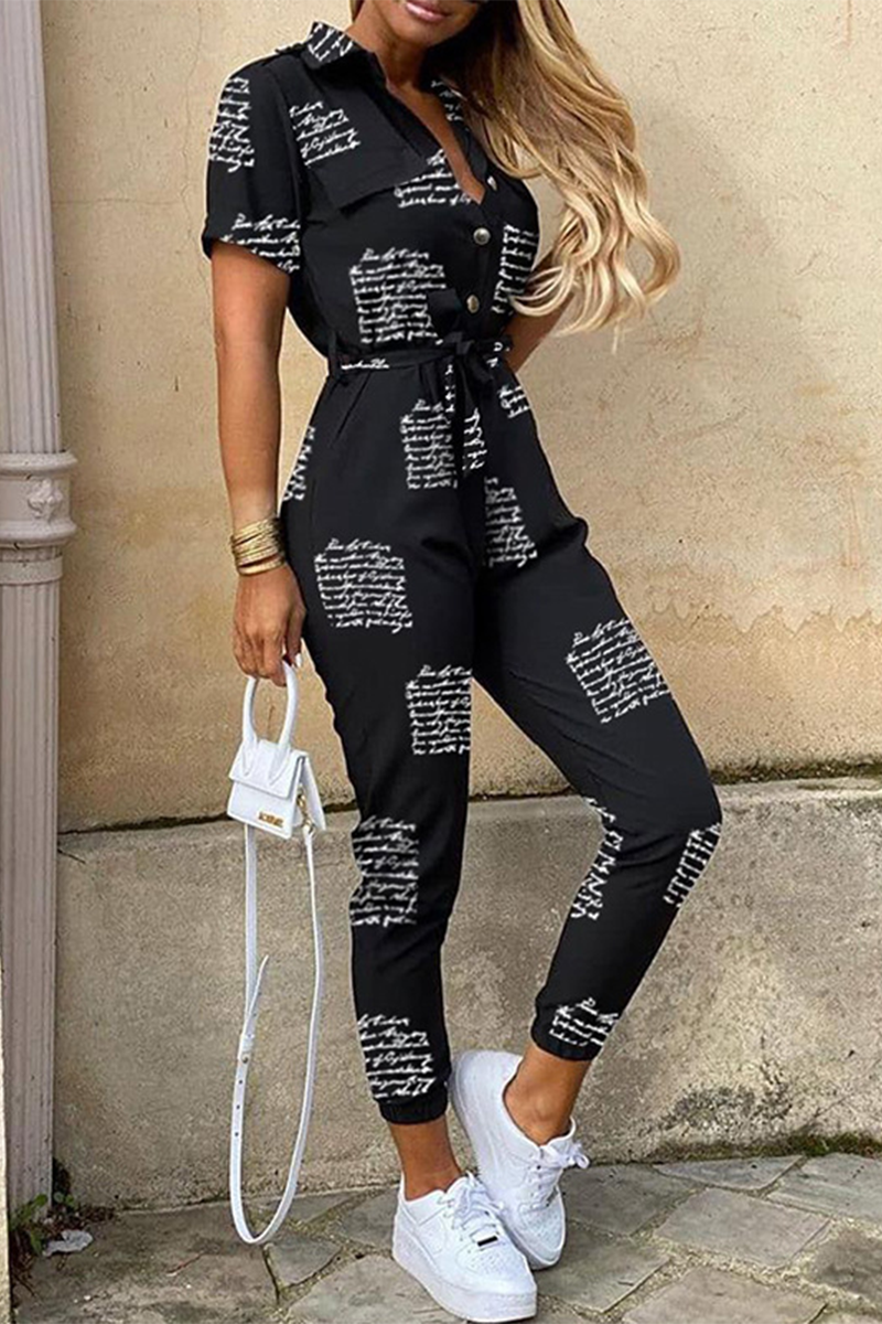 WW | Lässiger Druck Patchwork Umgeschlagener Kragen Reguläre Jumpsuits