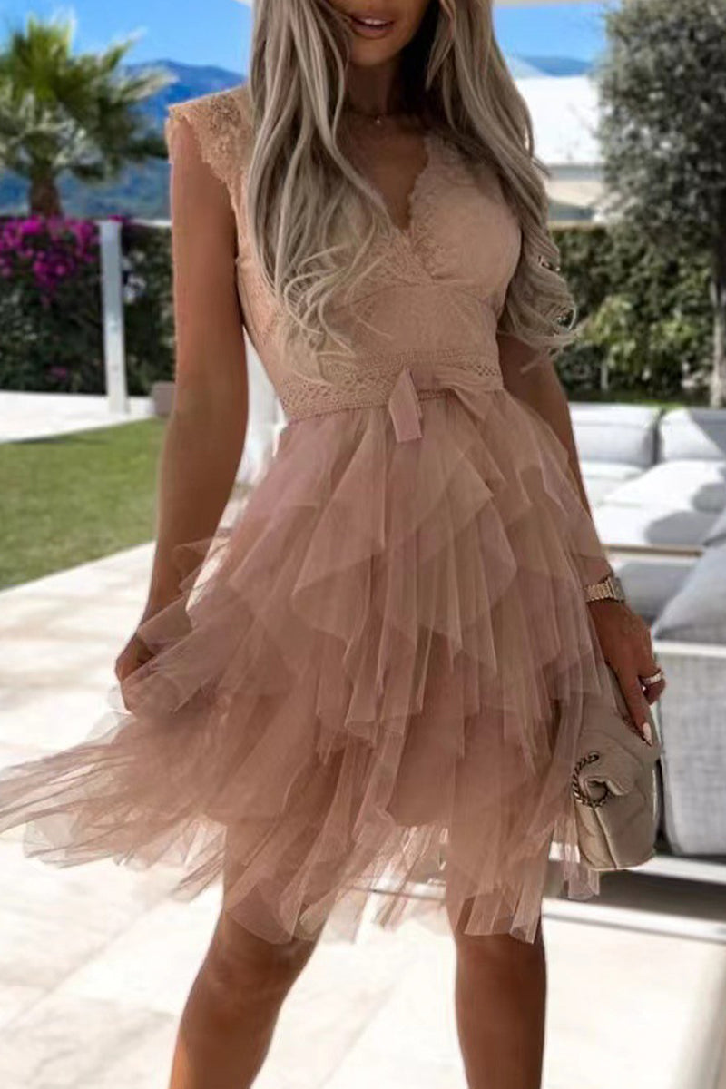 WW | Süß Elegant Fest Mesh V-Ausschnitt Unregelmäßig Kleid Kleider