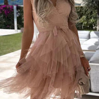 WW | Süß Elegant Fest Mesh V-Ausschnitt Unregelmäßig Kleid Kleider