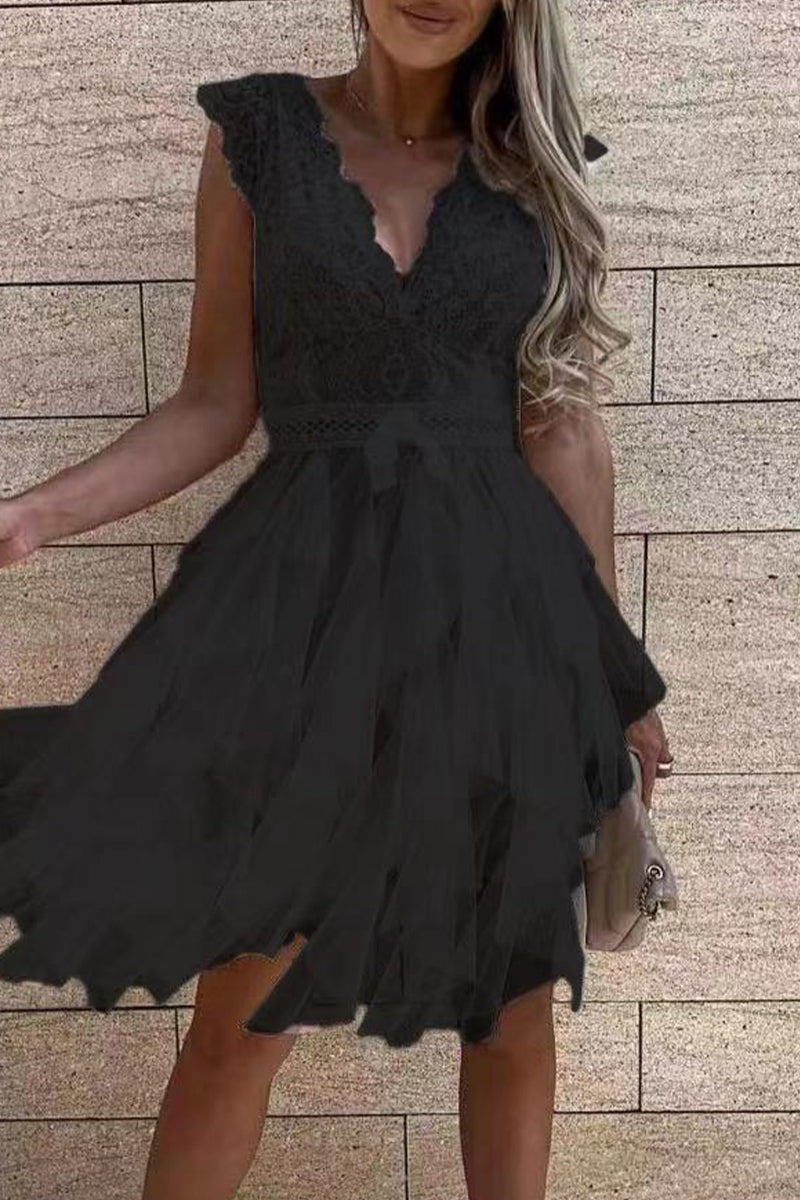 WW | Süß Elegant Fest Mesh V-Ausschnitt Unregelmäßig Kleid Kleider