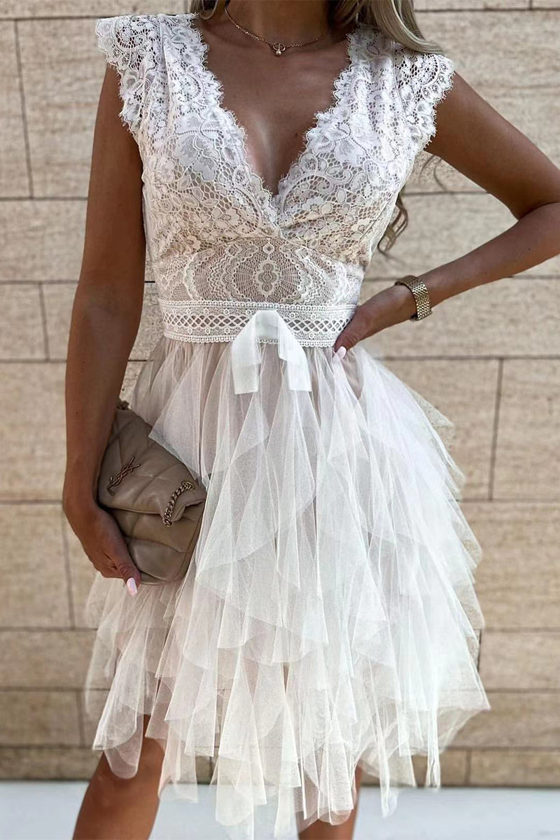 WW | Süß Elegant Fest Mesh V-Ausschnitt Unregelmäßig Kleid Kleider