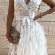 WW | Süß Elegant Fest Mesh V-Ausschnitt Unregelmäßig Kleid Kleider