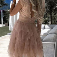 WW | Süß Elegant Fest Mesh V-Ausschnitt Unregelmäßig Kleid Kleider
