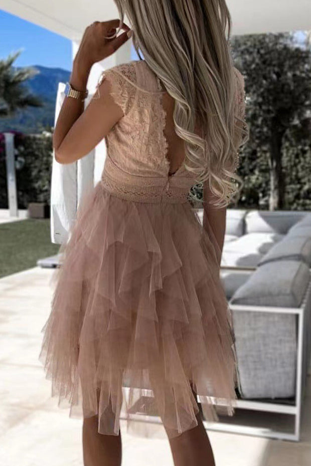 WW | Süß Elegant Fest Mesh V-Ausschnitt Unregelmäßig Kleid Kleider