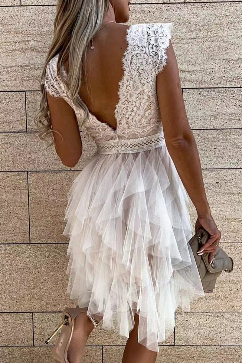 WW | Süß Elegant Fest Mesh V-Ausschnitt Unregelmäßig Kleid Kleider