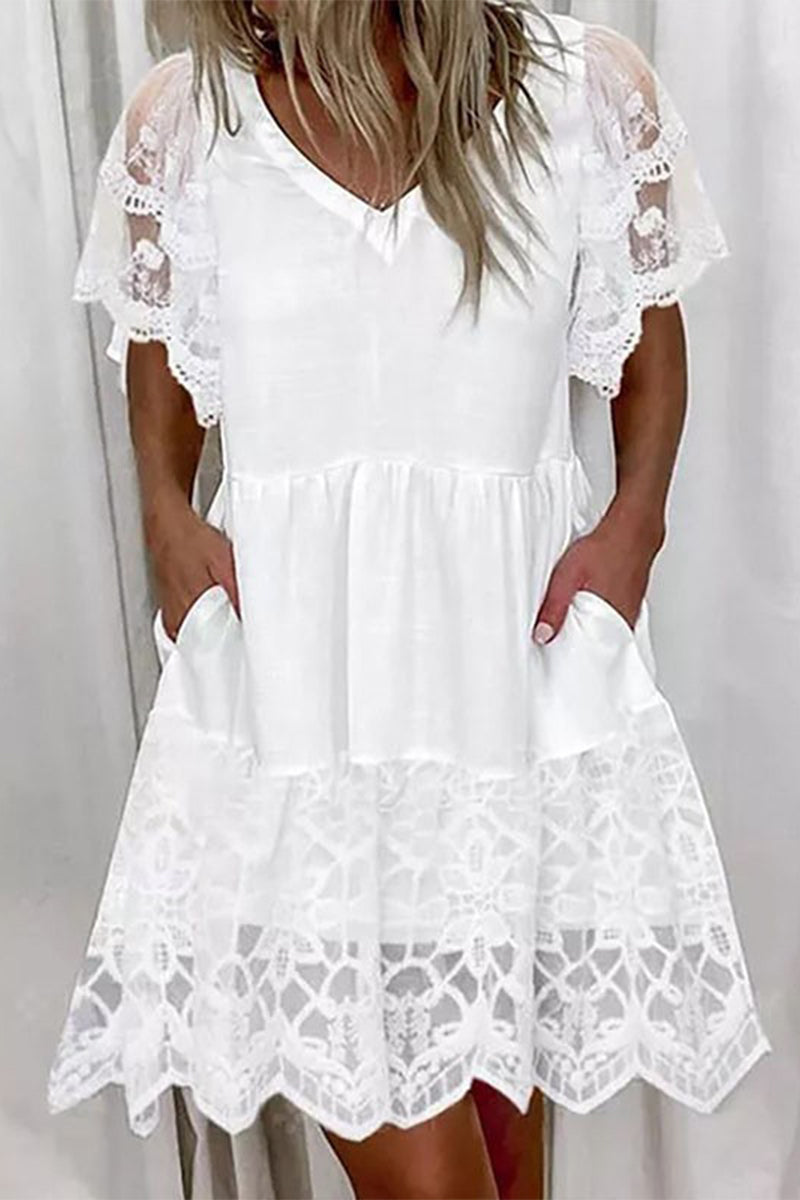 WW | Süß Elegant Fest Solid Spitze Tasche A-Linie Kurze Ärmel Kleid