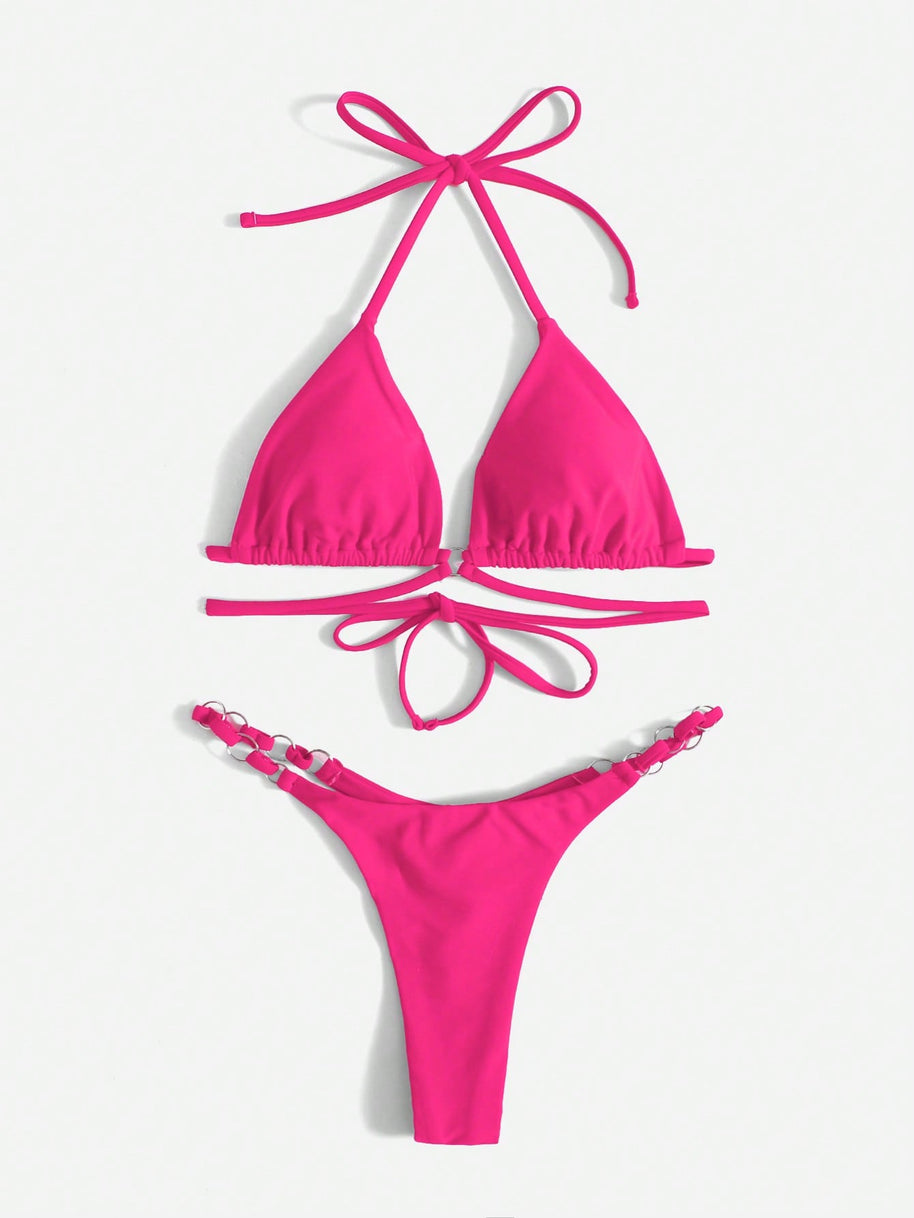 WW | Roter Halter-Triangle-Bikini mit Ringdetail für Damen