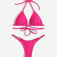WW | Roter Halter-Triangle-Bikini mit Ringdetail für Damen