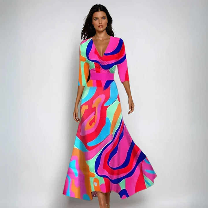 W&W Mode | Maxikleid Mit V-Ausschnitt Und Lebendigem Abstraktem Print Für Damen