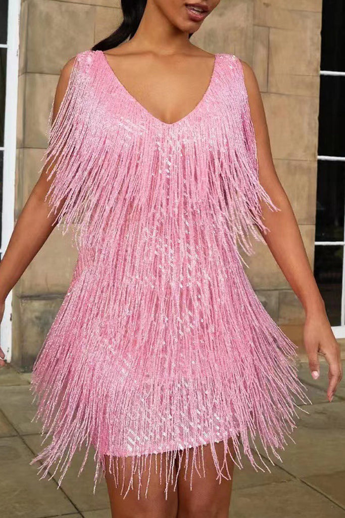 WW | Sexy Party Einfarbig Quasten V-Ausschnitt Weste Kleid Kleider- 6 Farben