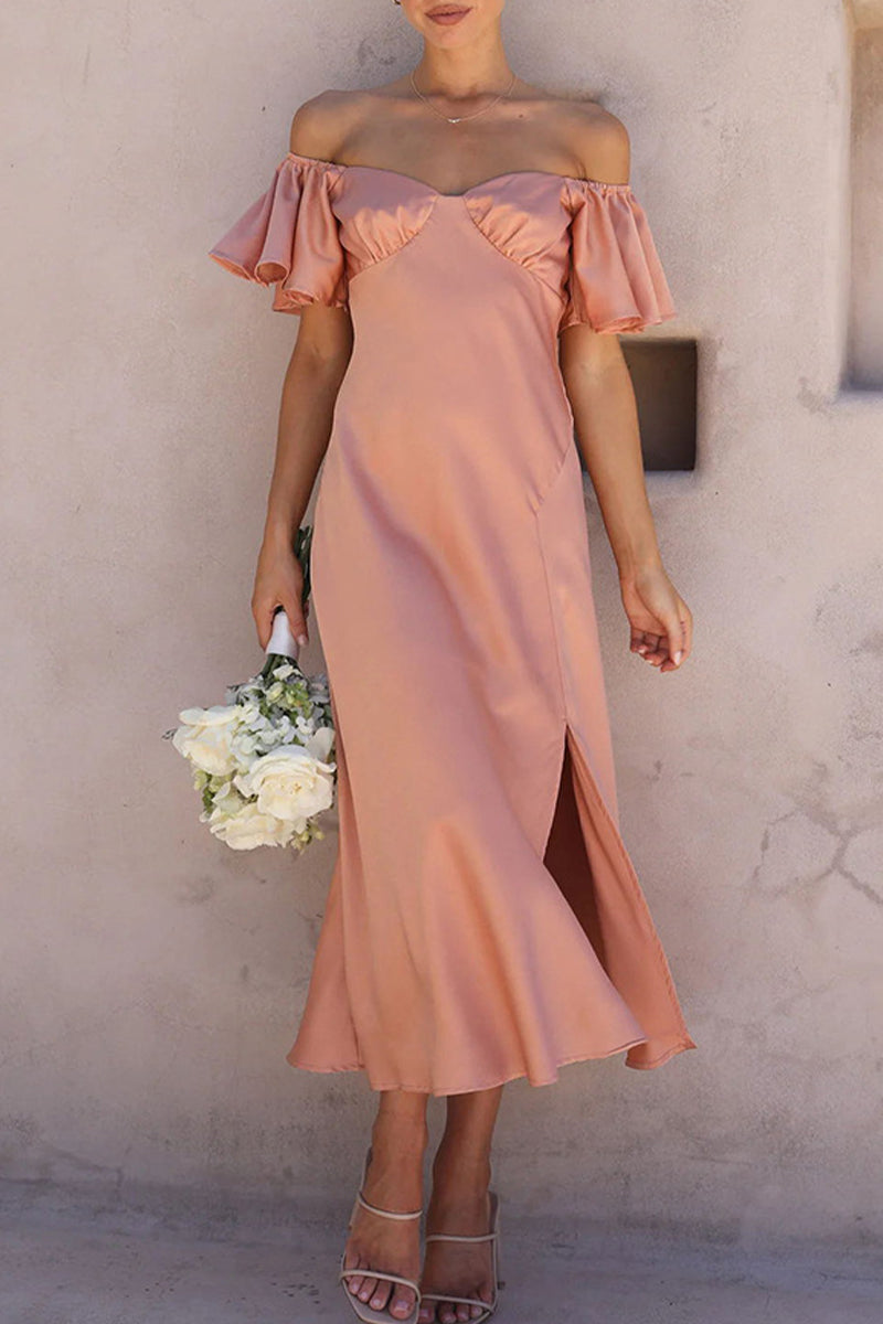 WW | Sexy Celebrities Einfarbige Schlitz Off The Shoulder Gefaltete Kleider