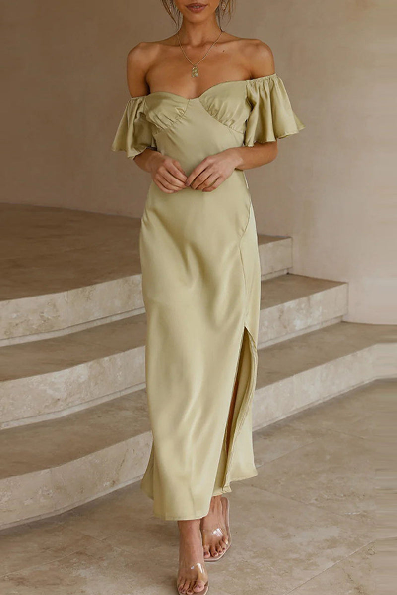 WW | Sexy Celebrities Einfarbige Schlitz Off The Shoulder Gefaltete Kleider