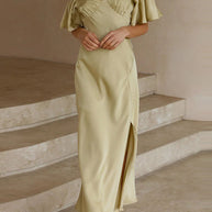 WW | Sexy Celebrities Einfarbige Schlitz Off The Shoulder Gefaltete Kleider