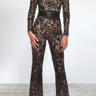 WW | Prominente Elegante Einfarbige Spitze Patchwork mit Gürtel O-Hals Reguläre Jumpsuits