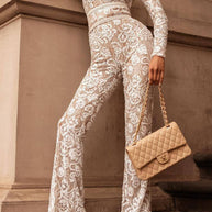 WW | Prominente Elegante Einfarbige Spitze Patchwork mit Gürtel O-Hals Reguläre Jumpsuits