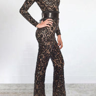 WW | Prominente Elegante Einfarbige Spitze Patchwork mit Gürtel O-Hals Reguläre Jumpsuits