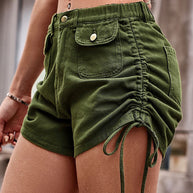 WW | Legere Einfarbige Kordelzug Hohe Taille Regelmäßige Denim Shorts