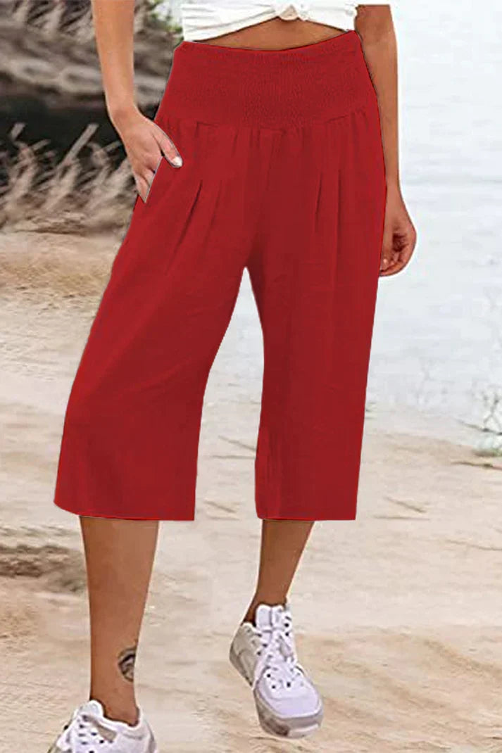 W&W Mode - Einfache Hose mit hoher Taille und weitem Bein, einfarbig, mittlere Länge