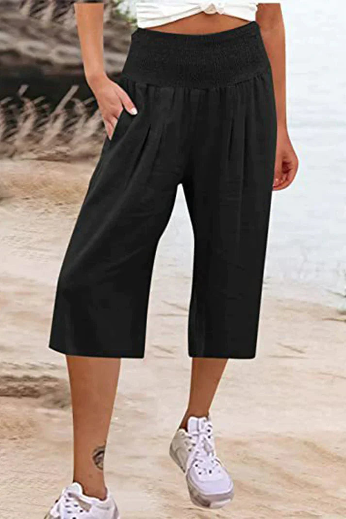 W&W Mode - Einfache Hose mit hoher Taille und weitem Bein, einfarbig, mittlere Länge