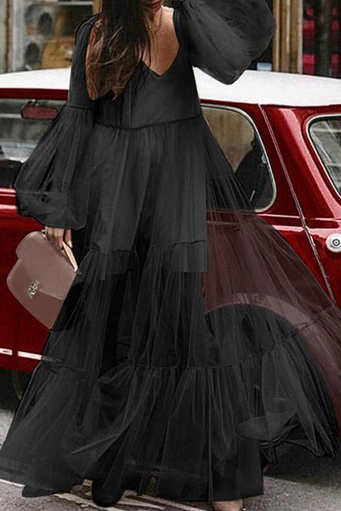WW | Lässiges Unifarbenes Mesh V-Ausschnitt Mesh Kleid Kleider- 3 Farben