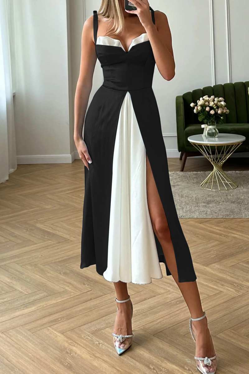 WW | Sexy Casual Patchwork Rückenfrei Schlitz Kontrast Spaghetti-Träger Ärmelloses Kleid Kleider