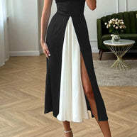 WW | Sexy Casual Patchwork Rückenfrei Schlitz Kontrast Spaghetti-Träger Ärmelloses Kleid Kleider