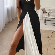WW | Sexy Casual Patchwork Rückenfrei Schlitz Kontrast Spaghetti-Träger Ärmelloses Kleid Kleider