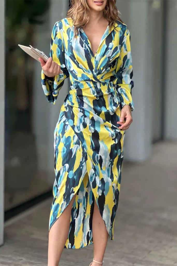 WW | Elegantes Geometrisches Druck Umkehrbar Kragen Shirt Kleid Kleider