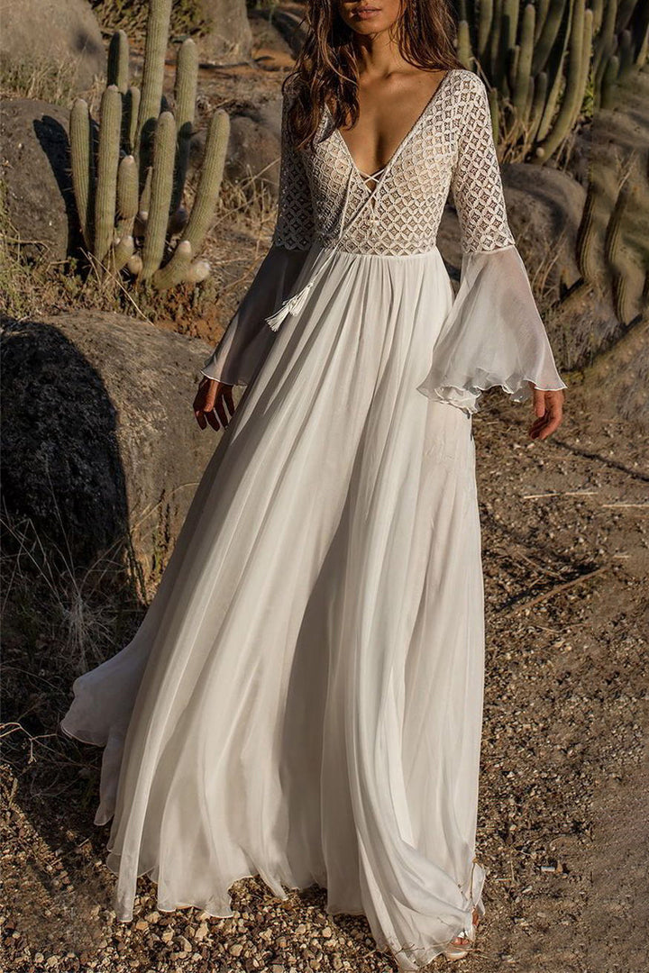 W&W Mode | Sexy Einfarbig Spitze V-Ausschnitt Abendkleid Kleider