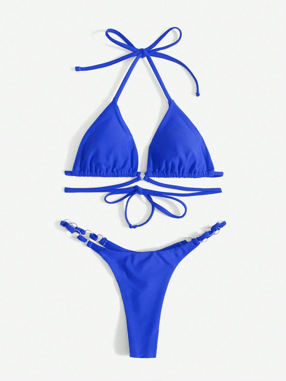 WW | Roter Halter-Triangle-Bikini mit Ringdetail für Damen