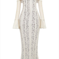 WW | Blumen Spitze Off Shoulder Flare Ärmel Fishtail Maxi Kleider - Weiß