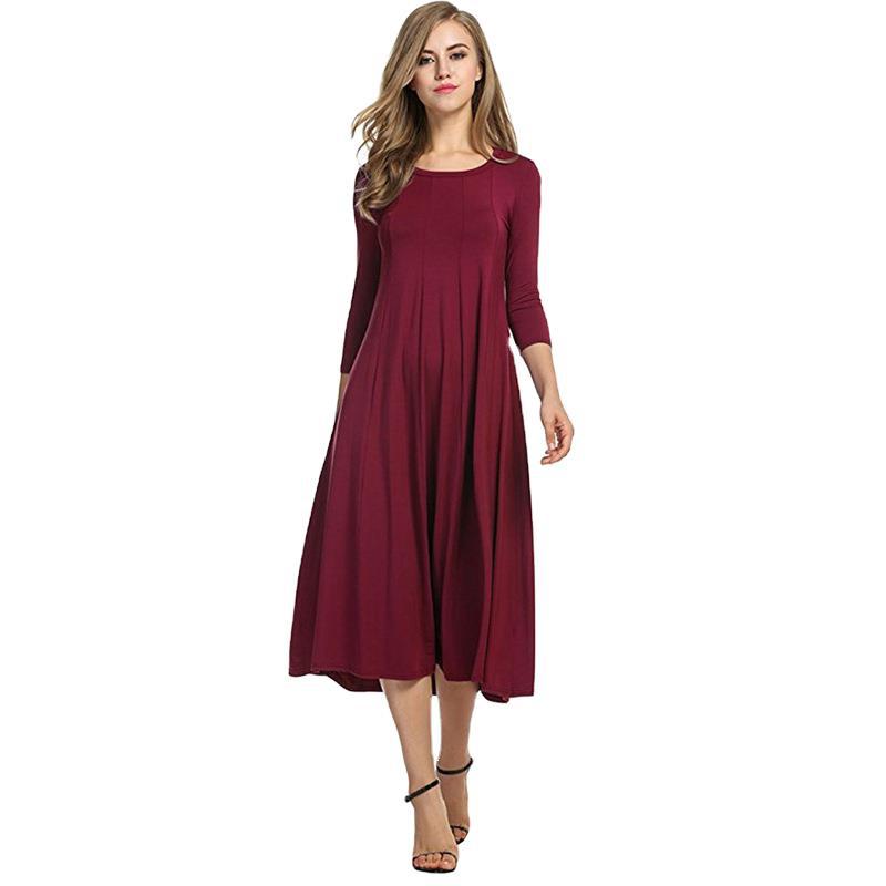 Damen Alltagstaugliches Midikleid mit 3/4-Ärmeln und schwingendem Rock WW