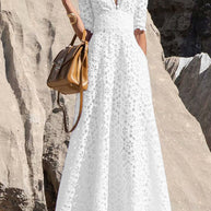 WW | Elegante Einfarbige Ausgehöhlte V-Ausschnitt Taillierte Rock Kurzarm Kleid