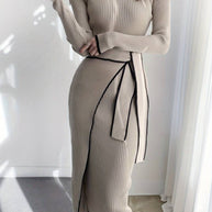 WW | Schicke Herbst Khaki Strickkleid mit Akzentuierendem Gürtel für Frauen