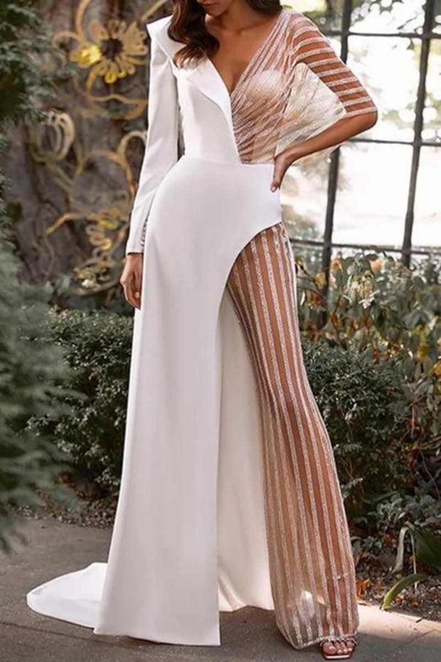 WW | Sexy Patchwork Durchsichtige Asymmetrische V-Ausschnitt Skinny Jumpsuits