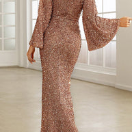 WW | Elegantes formelles einfarbiges Pailletten V-Ausschnitt Abendkleid Kleider