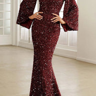 WW | Elegantes formelles einfarbiges Pailletten V-Ausschnitt Abendkleid Kleider