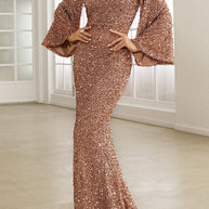 WW | Elegantes formelles einfarbiges Pailletten V-Ausschnitt Abendkleid Kleider