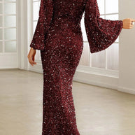 WW | Elegantes formelles einfarbiges Pailletten V-Ausschnitt Abendkleid Kleider