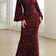 WW | Elegantes formelles einfarbiges Pailletten V-Ausschnitt Abendkleid Kleider