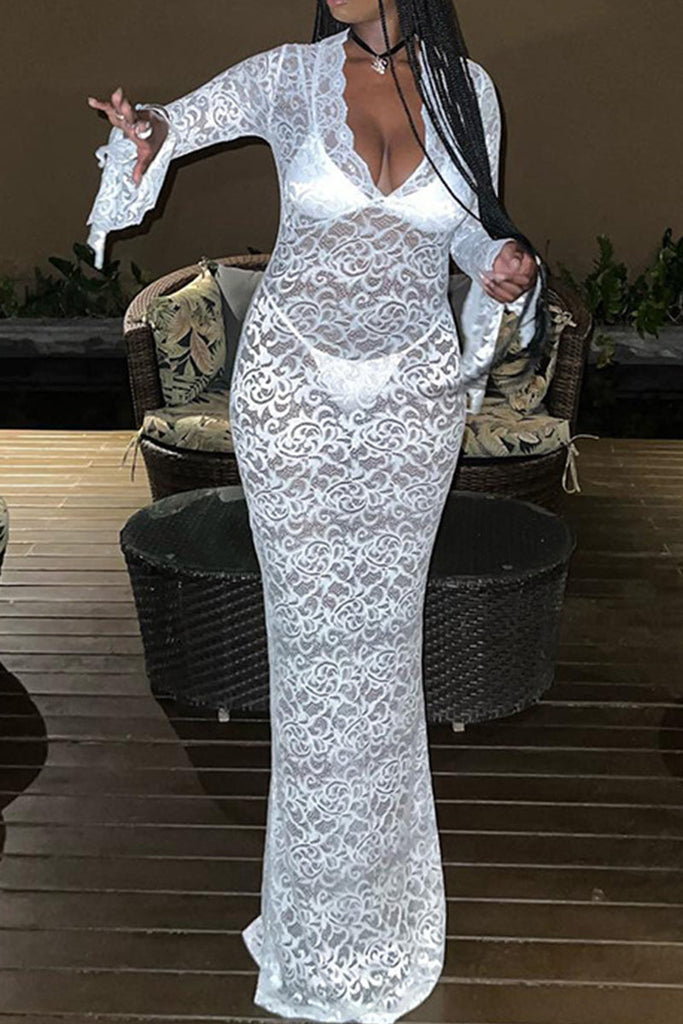 WW | Street Solid Lace Patchwork Durchsichtig V-Ausschnitt Lange Kleid Kleider