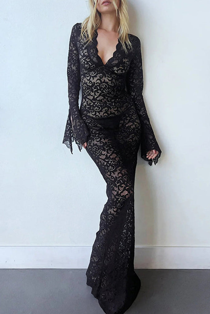 WW | Street Solid Lace Patchwork Durchsichtig V-Ausschnitt Lange Kleid Kleider