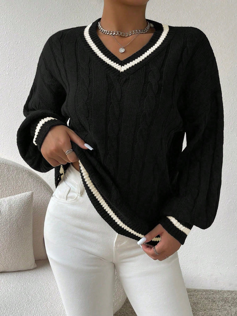 WW | Gemütlicher Gestreifter Zopfmuster Pullover Für Frauen