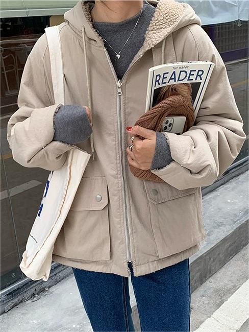 WW | Einfarbige Wendbare Jacke Mit Kapuze Und Reißverschluss