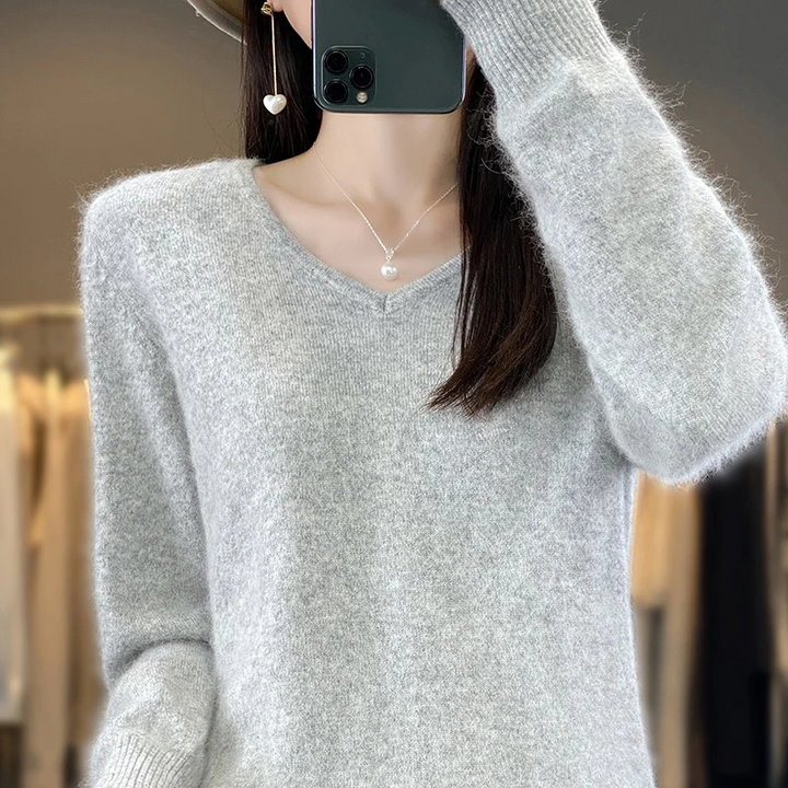 W&W Mode | Cashmere Pullover Damen V-ausschnitt Leichter und Weicher Strickpullover