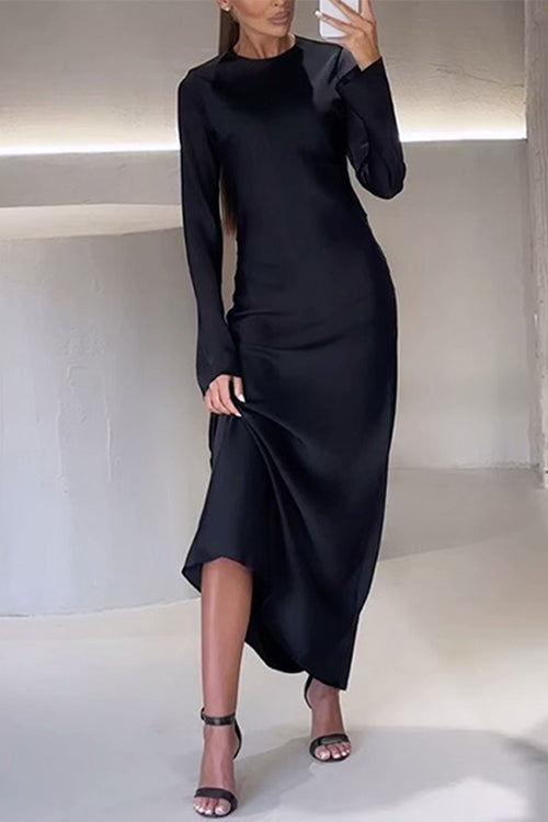 WW | Rosiedress Rundhals Lange Ärmel Satin Maxi Partykleid