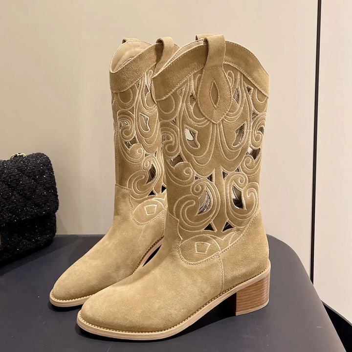 W&W Mode | Bestickte Westernstiefel Damen mit Dekorativen Ausschnitten, Cowboystiefel Damen