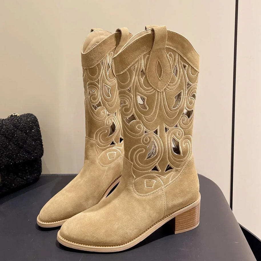 WW | Bestickte Westernstiefel Damen mit Dekorativen Ausschnitten, Cowboystiefel Damen